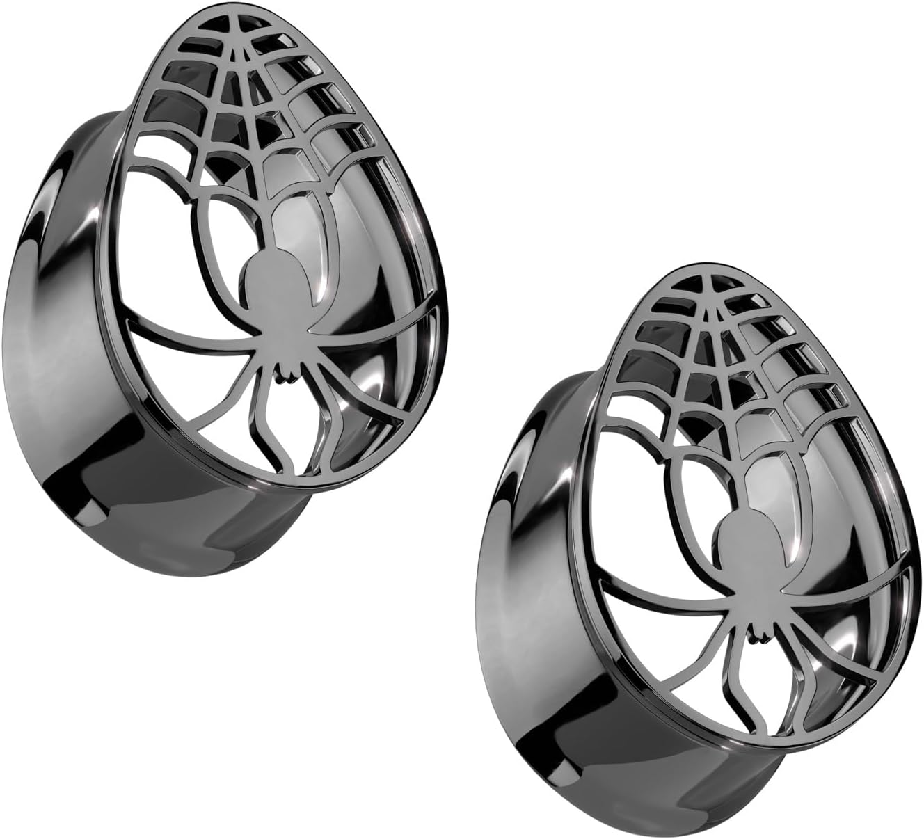 Pierced Owl Black PVD 316L Stainless Steel Spider and Web Teardrop Shaped Double Flared Tunnels, Sold as a Pair (16mm (5/8"))
