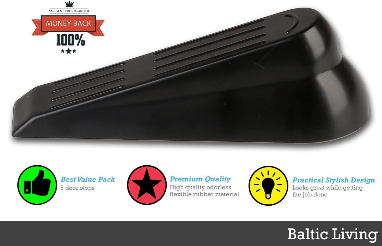 Door Stop | 5 Pack | Flexible Black Rubber Door Stopper Easily Wedges Door Gaps up to 1.2 Inches | Baltic Living® Doorstop