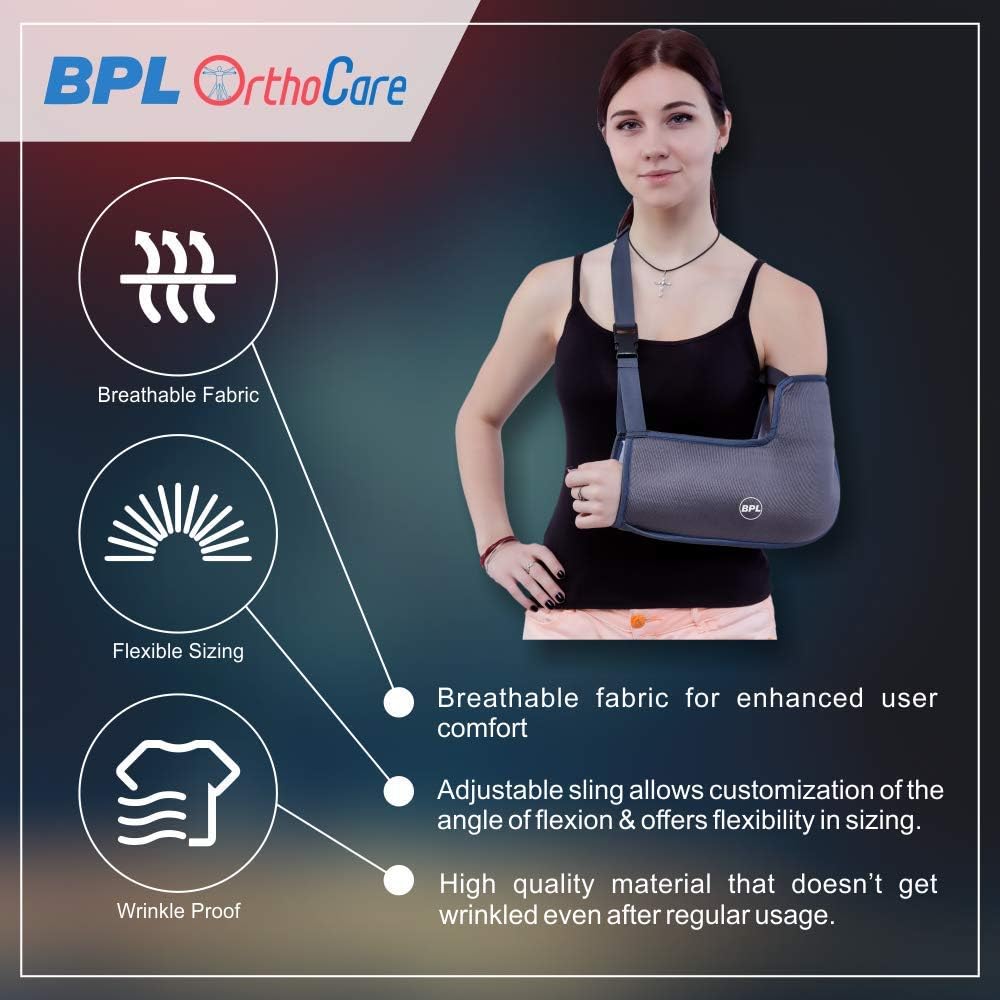 BPL Medical Technologies OrthoCare Arm Sling Baagy with Elbow Support, Arm Immobilizer Brace for Fracture, Sprain, Dislocation and Pain Relief Arm Support Belt For Men, Women & Children - Grey - M