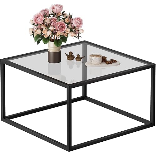 SAYGOER Glass Coffee Table Small Square Coffee Tables for Living Room, 26.7 inch Modern Center Table for Office Apartment, 5 MM Tempered Clear Glass Top, Black Metal Frame