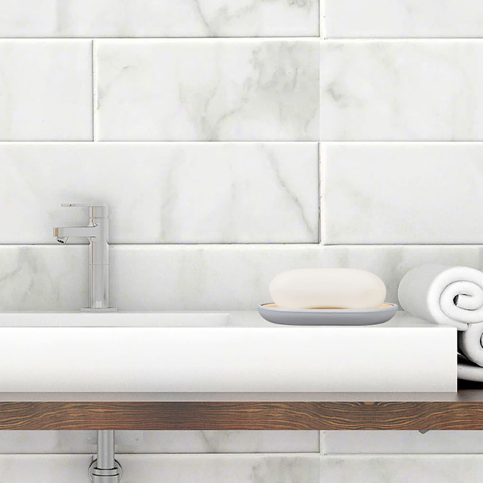 Juegos de Accesorios de baño, Simple Madera Acesorios Cuartos de Baño 4 Piezas con Dispensador Jabon Baño, Jabonera Baño, Porta Cepillo de Dientes, Bandeja, para Champú Gris/Blanco/Negro