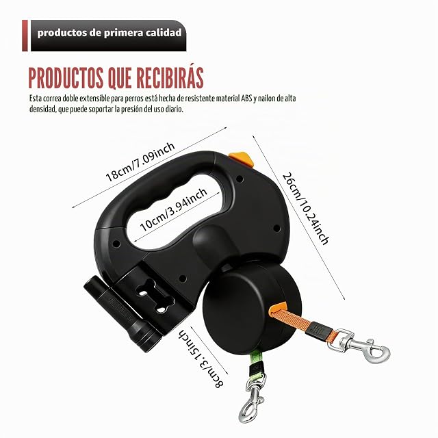 Foto 2 de 7 de BAIFULAI Correa retráctil para 2 perros, 3 metros, doble correa para 2 perros con luz