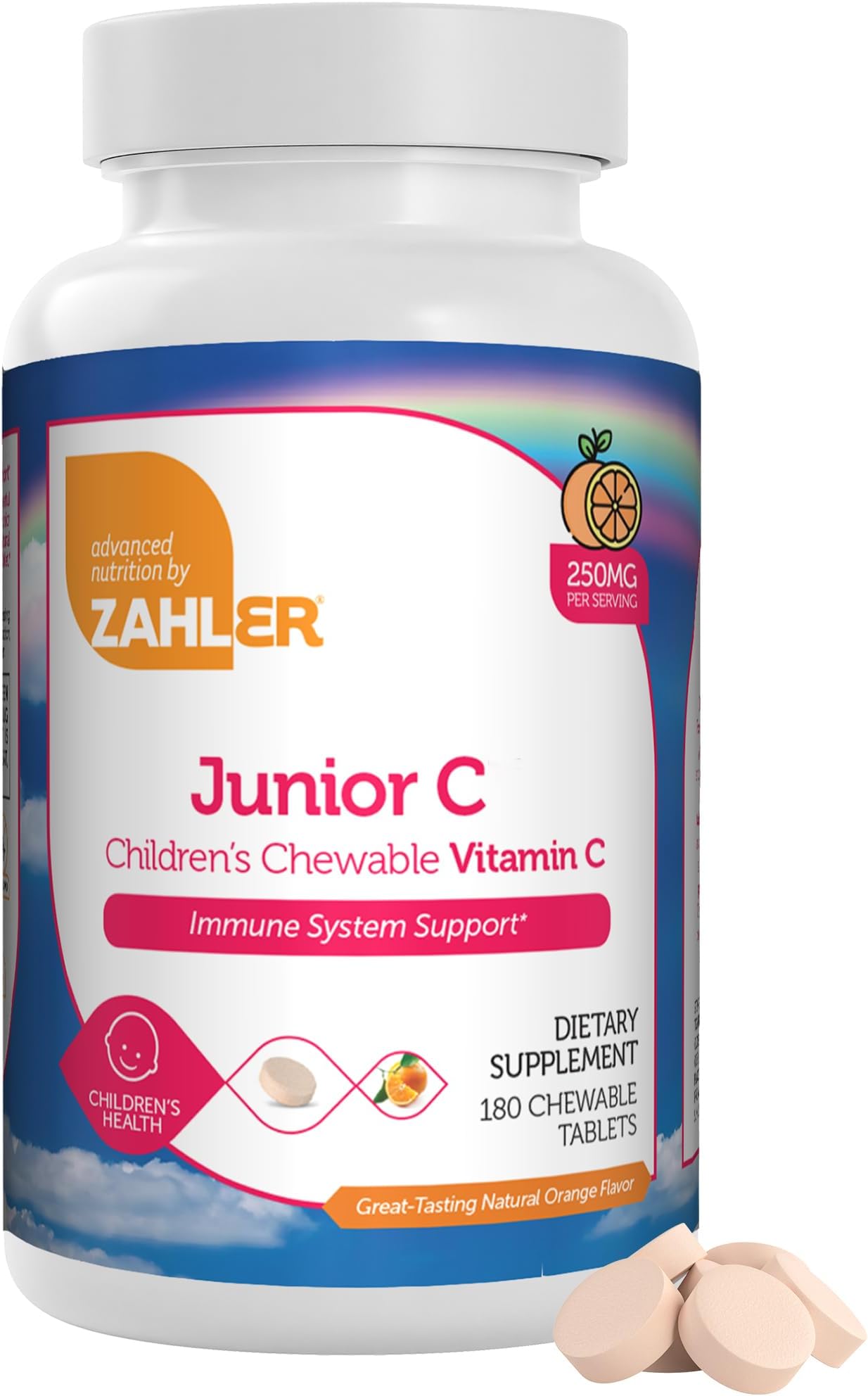 Junior C Advanced Chewable Vitamin C for Kids - Immune Support in Delicious Orange Flavor - Kosher Chewable Antioxidant - (180 Count)