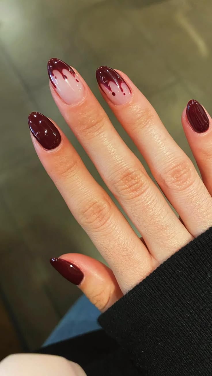Dark Red Drip Design Press-On Nails, Almond Shape, Glossy | Ombre French Tips, Halloween Style, Reusable, Short Length, Gel Finish-image-19