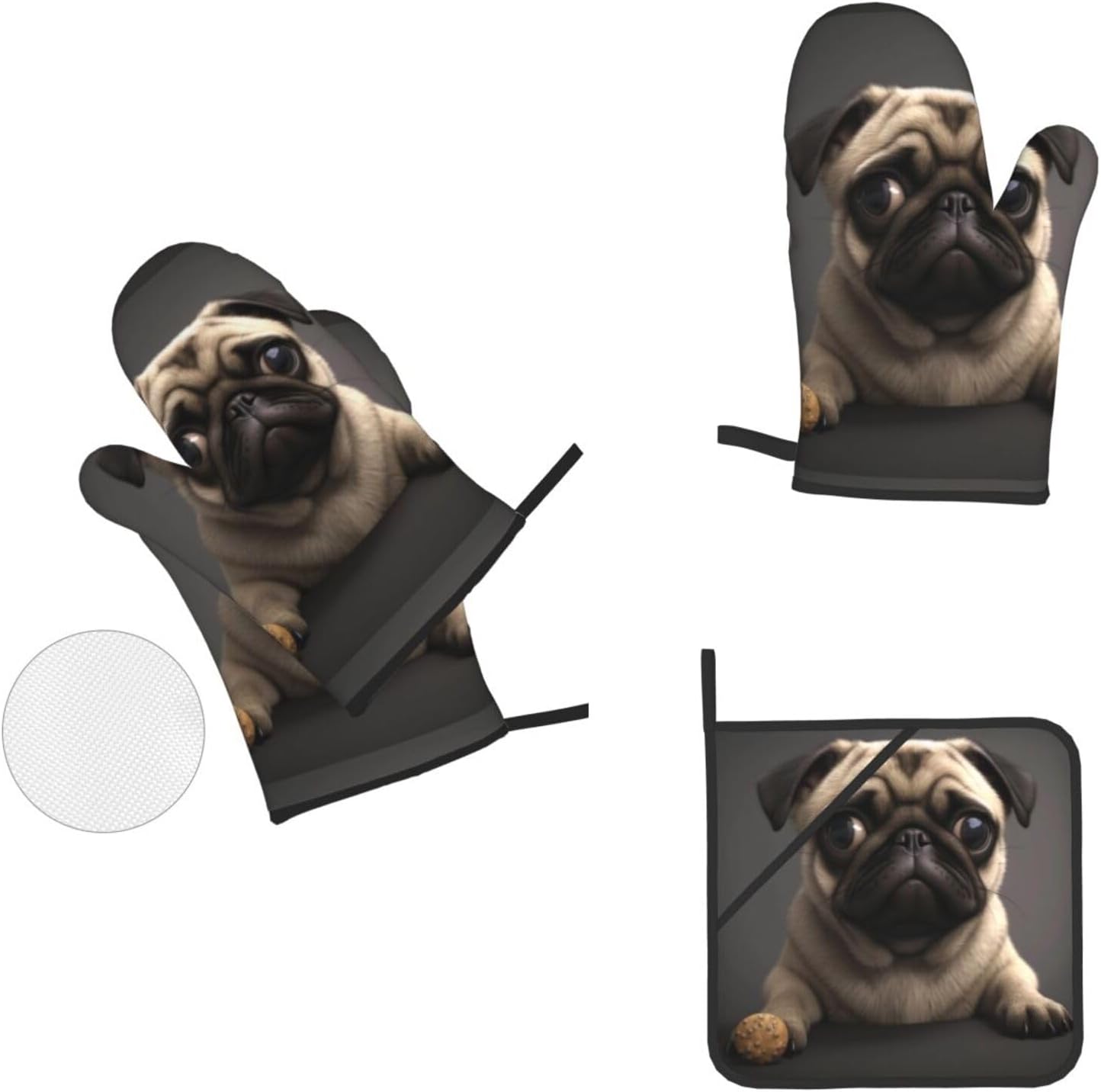 (Cute Pretty Pug Dog) Baking 4-Piece Set: 2 Oven Mitts and 2 Pot Holders Heat Resistant Waterproof Hanging Loop for Kitchen Oven Grill Housewarming Gifts