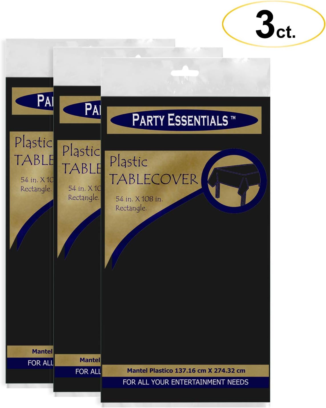 Party Essentials Heavy Duty Rectangle Plastic Table Cover Available in 24 Colors, 54 x 108, 3-Count, Black (54108BK-3)