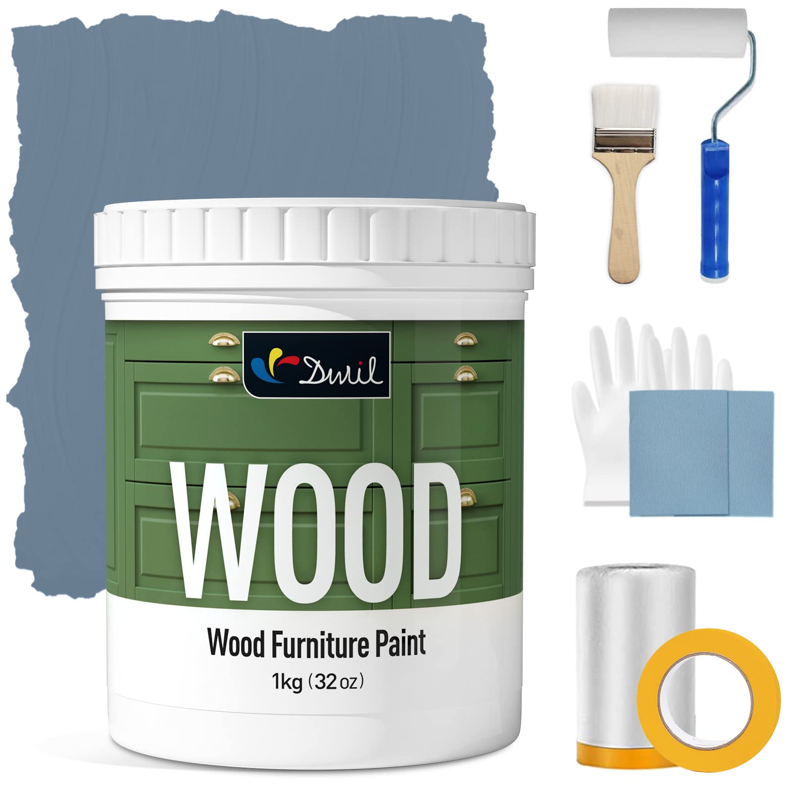 DWIL Matte Finish Furniture Paint - 32 Oz Wood Paint for Cabinets, Doors, Tables, and Dressers Refinishing - Water-Based, Non-Toxic & Odorless, Easy to Apply(Blue Grey)-With Tools