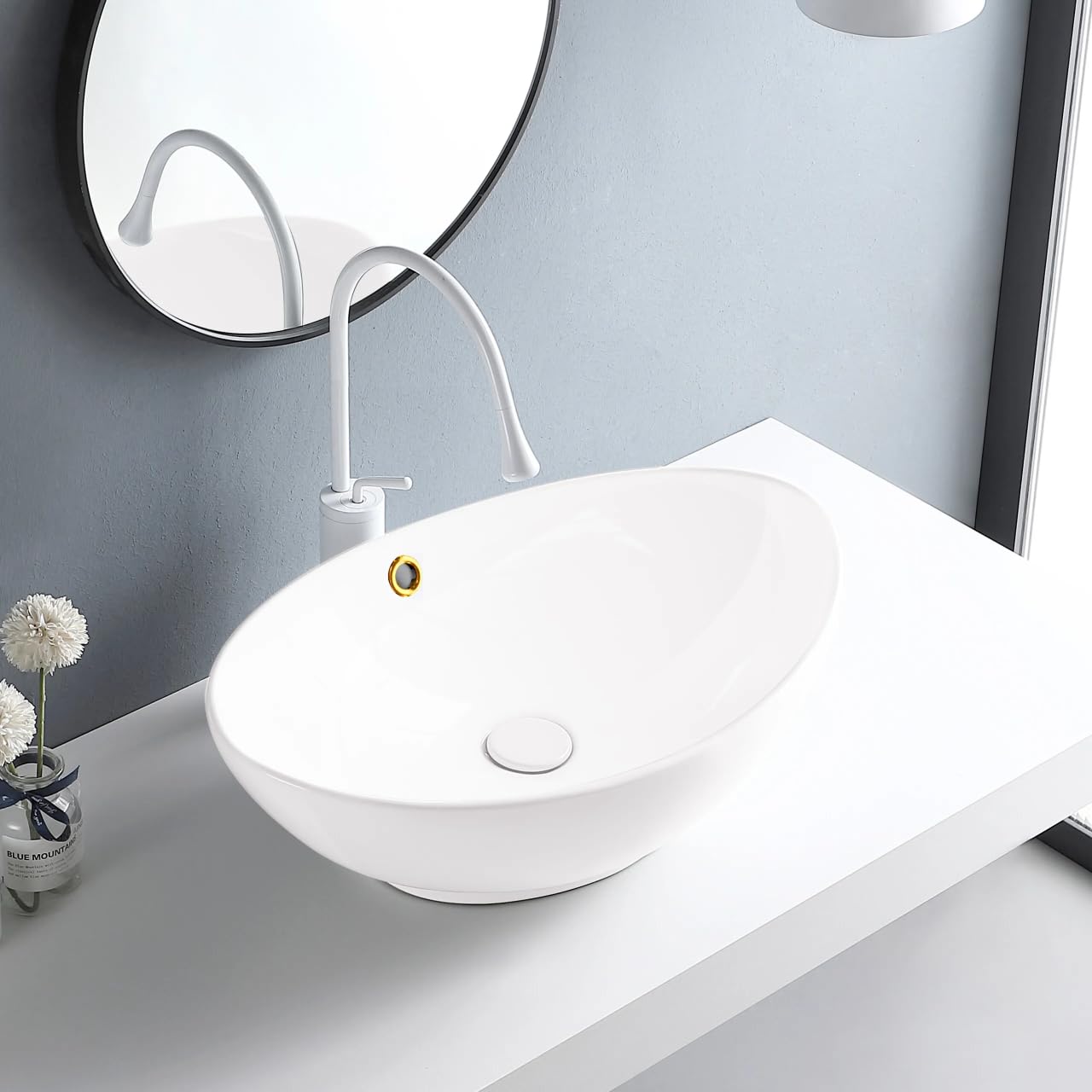 AQUAUNO Lavabo da appoggio MAYA, 59 x 39 cm, ovale, in ceramica bianca, senza foro per rubinetto, con troppopieno, oro, sanitari bagno