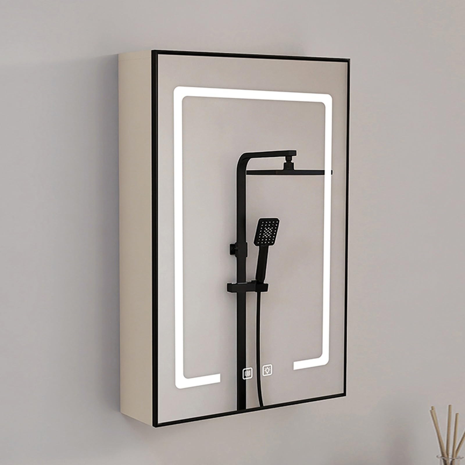 HXYhydrypd Medicine Cabinet with LED Lights and Mirror, Bathroom Wall Cabinet with Mirror Doors, Bathroom Mirror with Storage, Defogger, Wall-Mounted(Beige,50cm/19.7in)