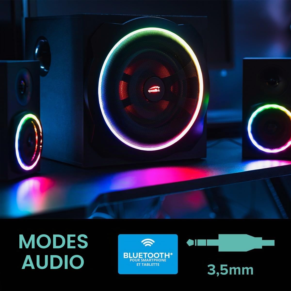 Speedlink GRAVITY CARBON RGB 2.1 Système audio Bluetooth - Haut-parleurs PC avec caisson de basses en bois, actifs 120 watts, prise jack 3,5 mm, AUX, télécommande de table, noir