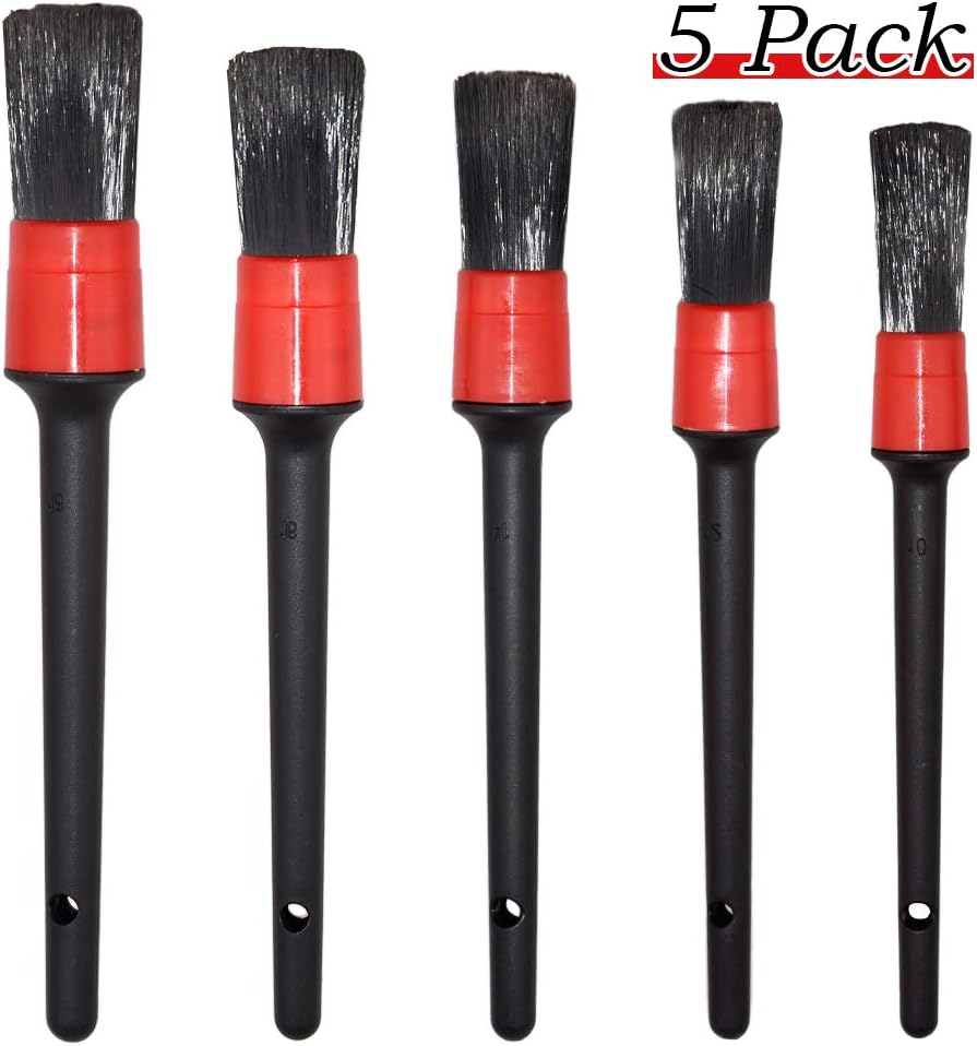 Detailing Brush Set - 5 Different Sizes Premium Natural Boar Hair Plastic Handle Automotive Detail Brushes for Cleaning Wheels, Engine, Interior, Emblems, Interior, Air Vents, Car, Motorcycle