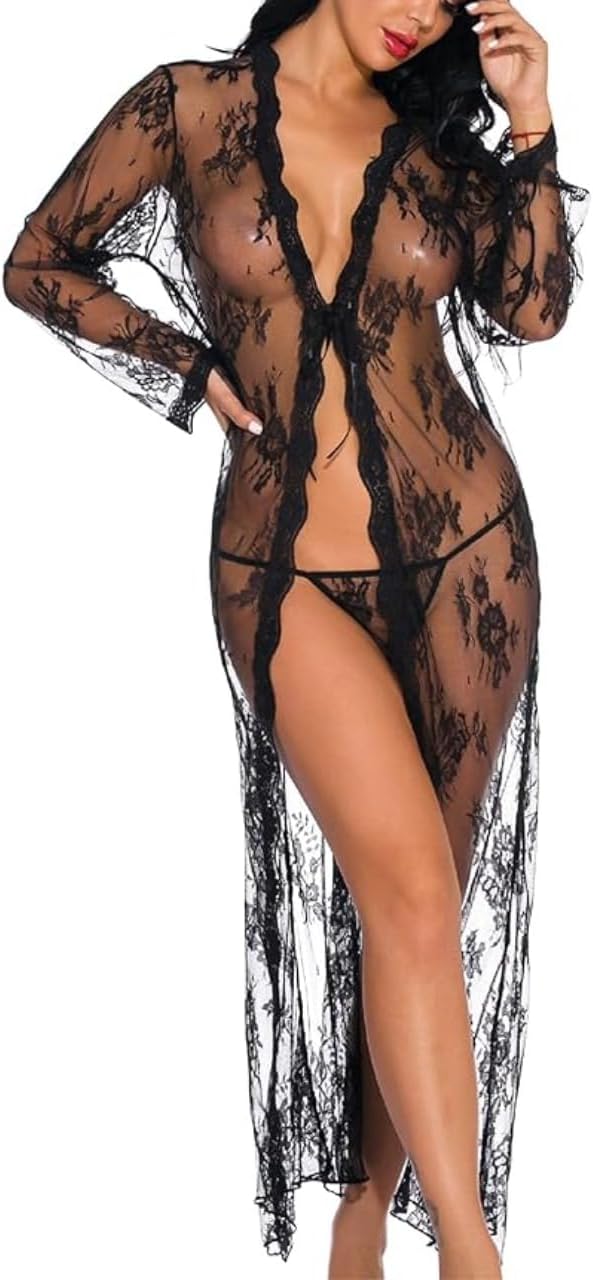 BIGFOX Women Sexy Lace Robe Long Sheer Gown Babydoll Kimono Lingerie Beach Cover Ups Swimsuit Coverup See Thourgh Nightgown