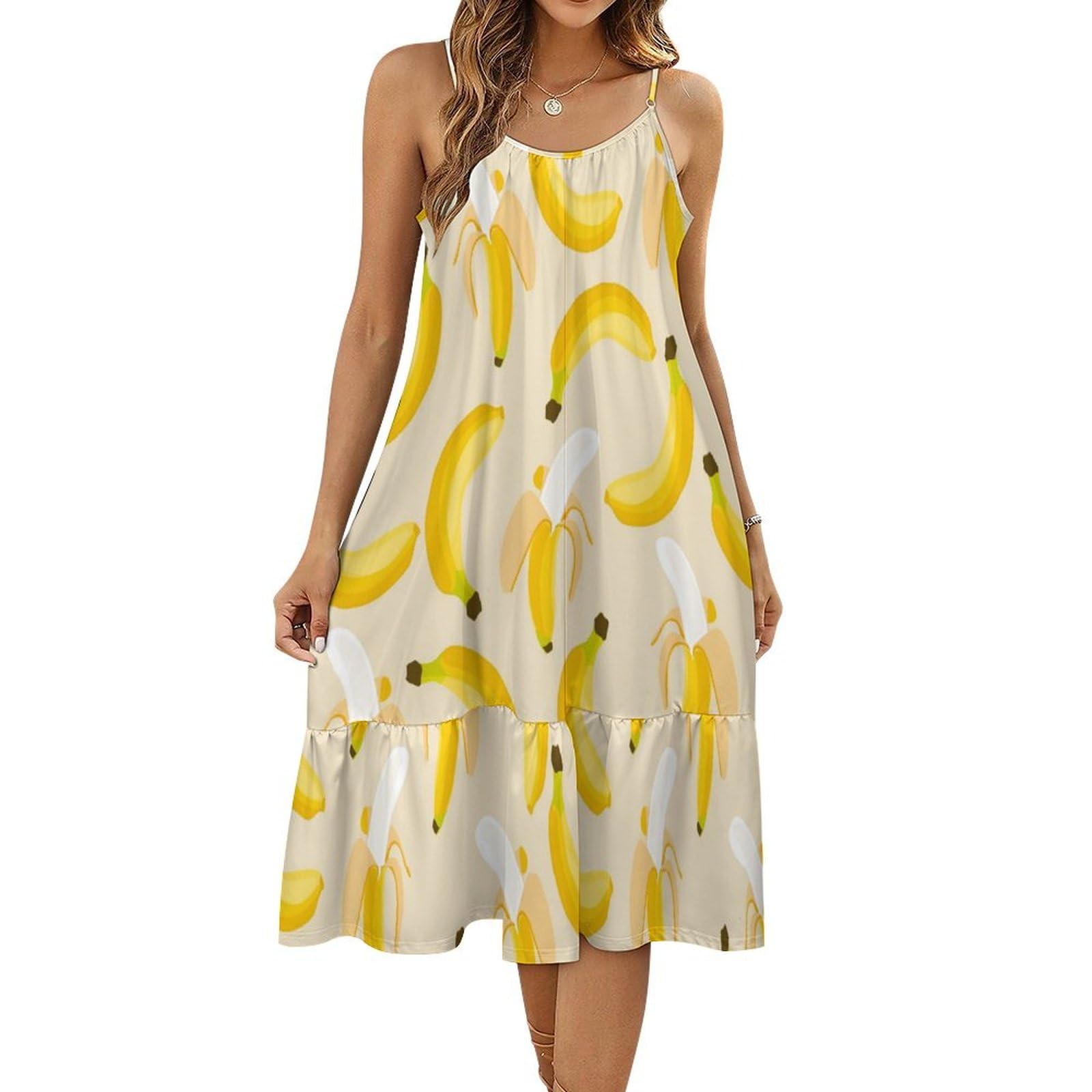 Banana Pattern Women's Maxi Dress Summer Casual Sleeveless Spaghetti Strap Sundress L