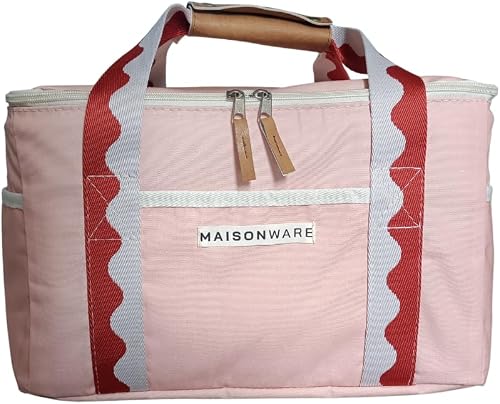 Maisonware Soft Cooler Bag, Pink, Cotton, 38 x 28 x 21 cm, Thermal Insulation, Scalloped Detailing, 22 Liters Capacity, for Picnics, Beach Trips, Road Trips & Grocery Shopping