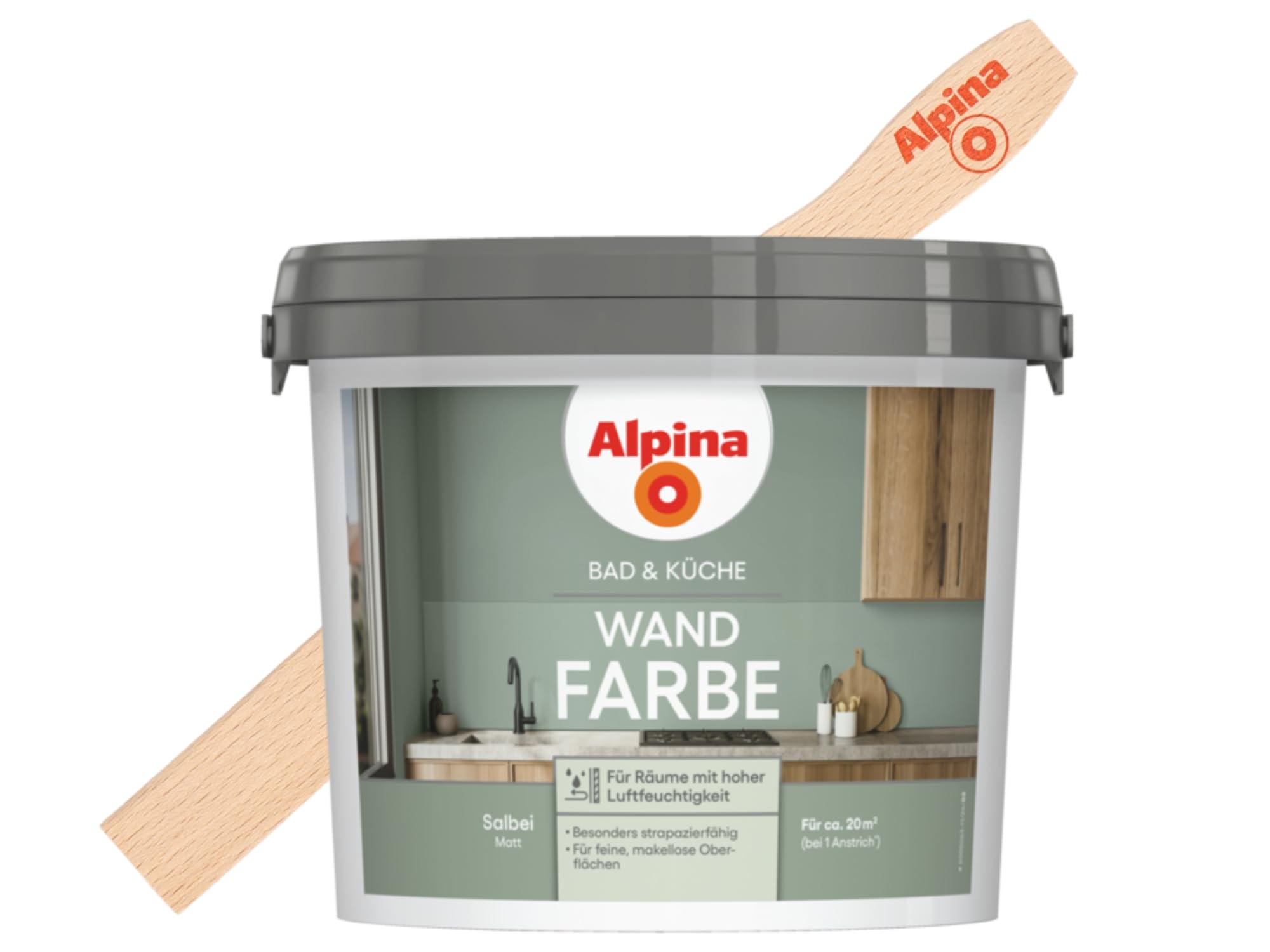 Alpina Bad & Küche Wand-Farbe Salbei 2,5 Liter mit gratis Rührholz
