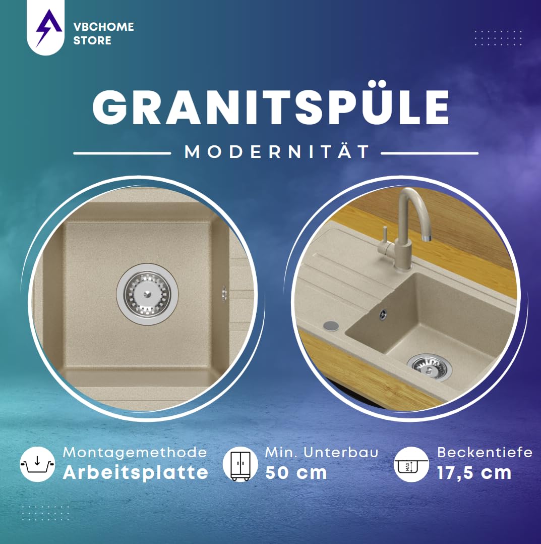 VBChome Fregadero de granito beige con grifo, 70 x 44 cm, empotrable, reversible, de granito, con caño extraíble, acero inoxidable