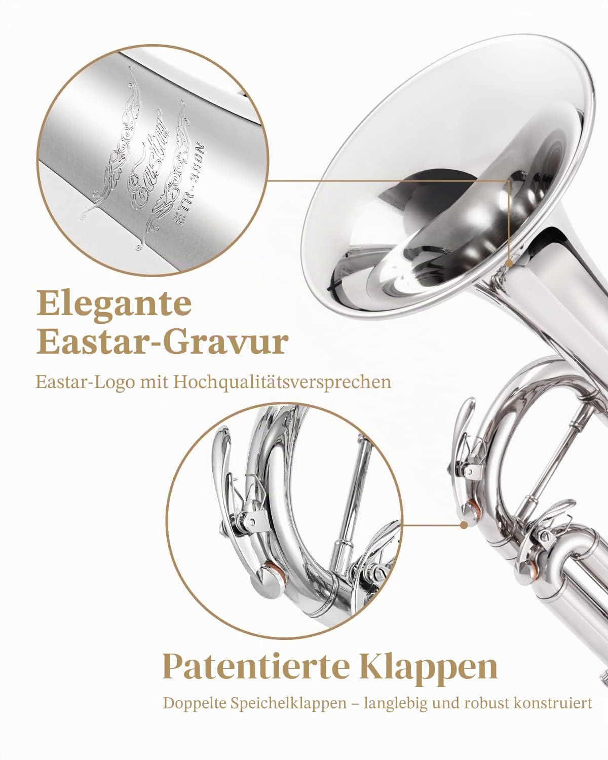 Eastar Bb Standard-Trompeten-Set für Anfänger Messing-Trompeteninstrument für Studenten und Hartschalenkoffer, Reinigungsset, 7C-Mundstück und Handschuhen, ETR-380N, Silber