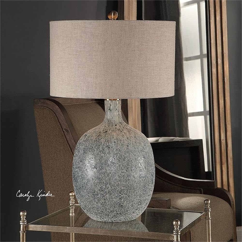 BOWERY HILL Contemporary Glass Table Lamp, Blue and Green Finish, 30 in Height, Round Hardback Drum Beige Linen Shade, 150W, 3-Way Socket, Modern Design for Living Room or Bedroom Lighting