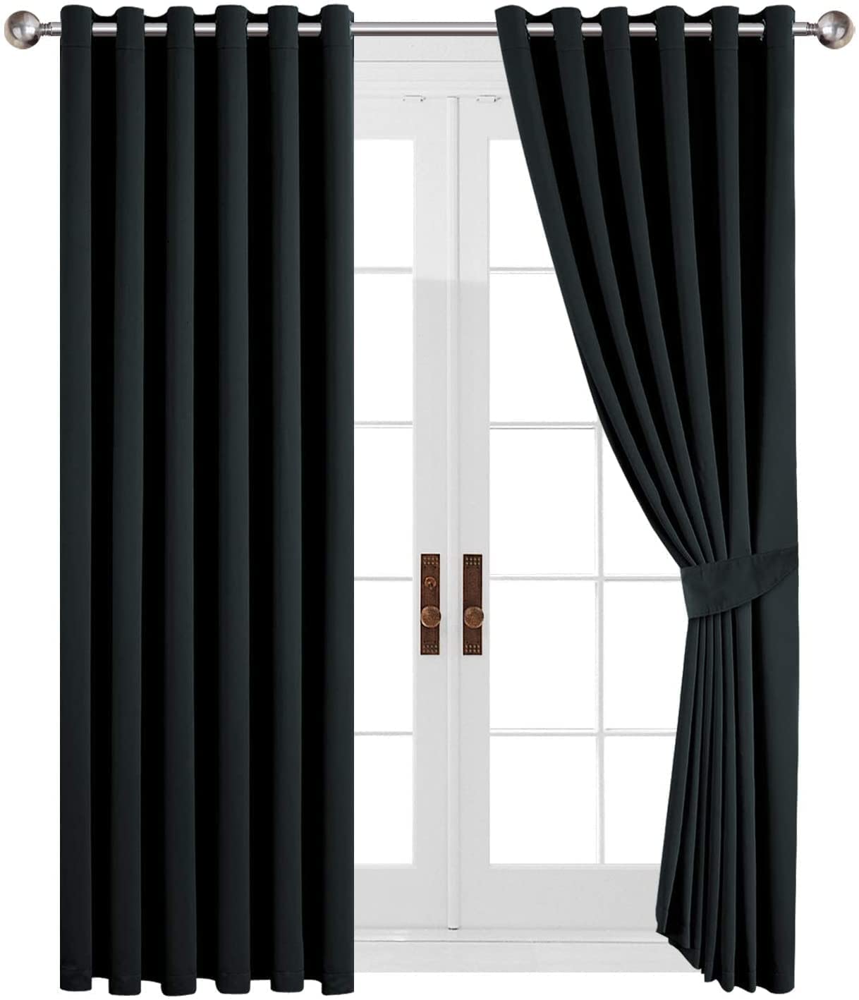 AMEHA Blackout Curtains Eyelet - Black Thermal Curtains for Bedroom 66 x 72 Inch Drop - Super Soft Window Treatments Living Room Curtain Drapes with Tiebacks, Pair Panel