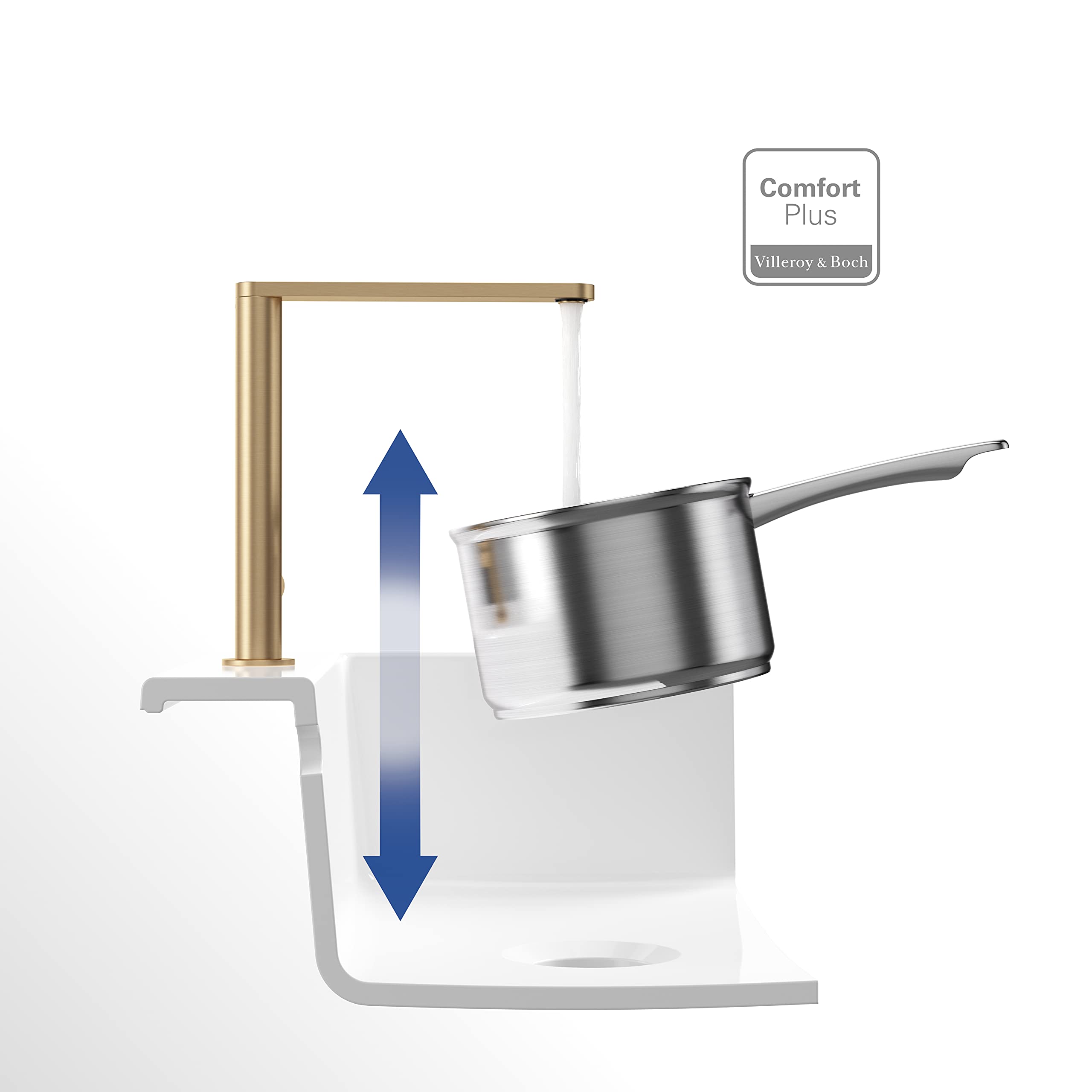 Villeroy & Boch Finera Küchenarmatur, Hochdruck, Wasserhahn Küche mit Keramikkartusche und 360° Schwenkbereich, Spültischarmatur wassersparend, Auslauf Höhe 251mm, Gold
