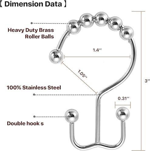 Miniatura 2 de Anillas de cortina de ducha de acero inoxidable, ganchos de metal doble deslizantes para cortinas de ducha de baño y ducha, cromo pulido, juego de