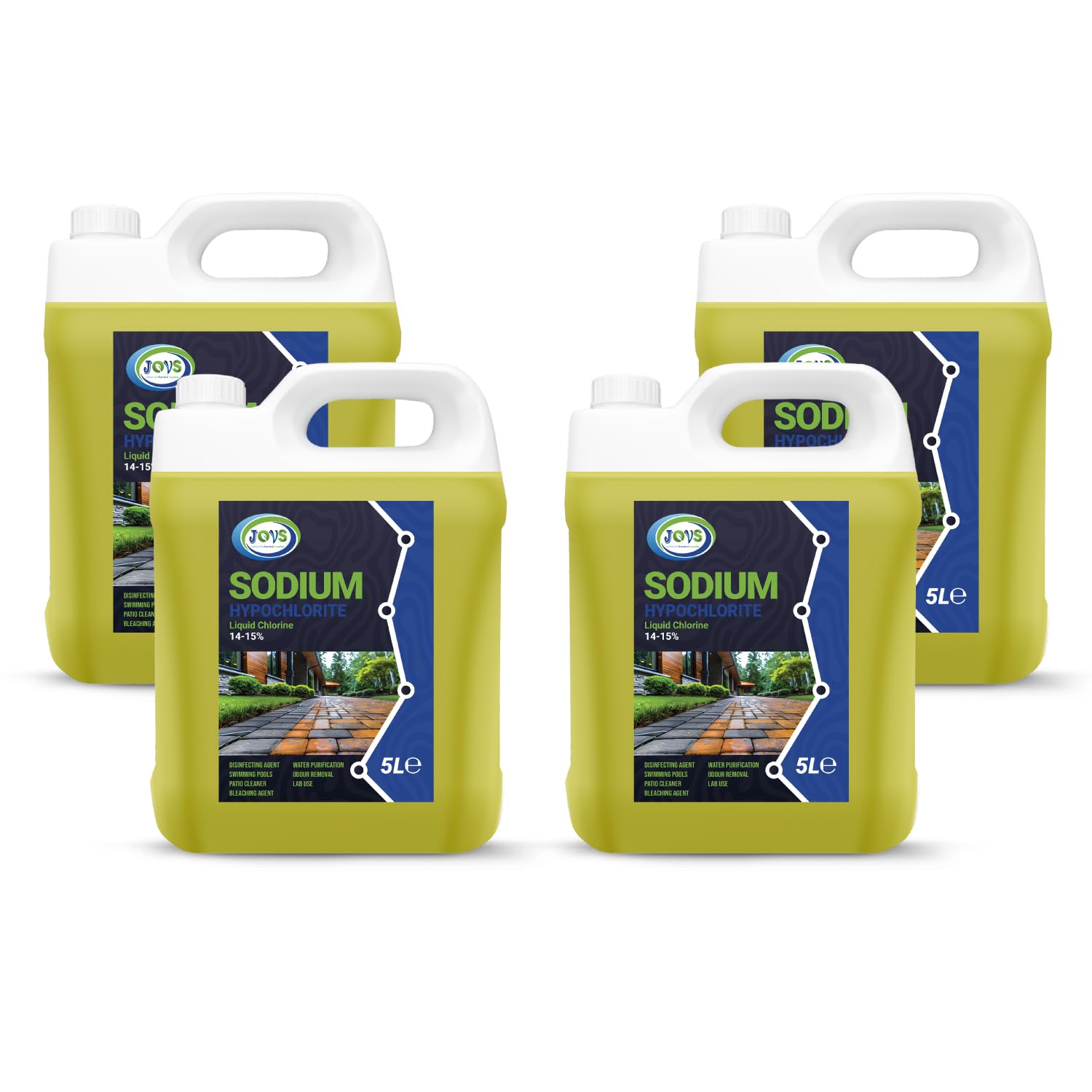 JOVS Sodium Hypochlorite 4X5L - High Strength (14-15%) Brick, Driveway & Patio Cleaner - Stain Removal | Bleaching Agent | Odour Removal