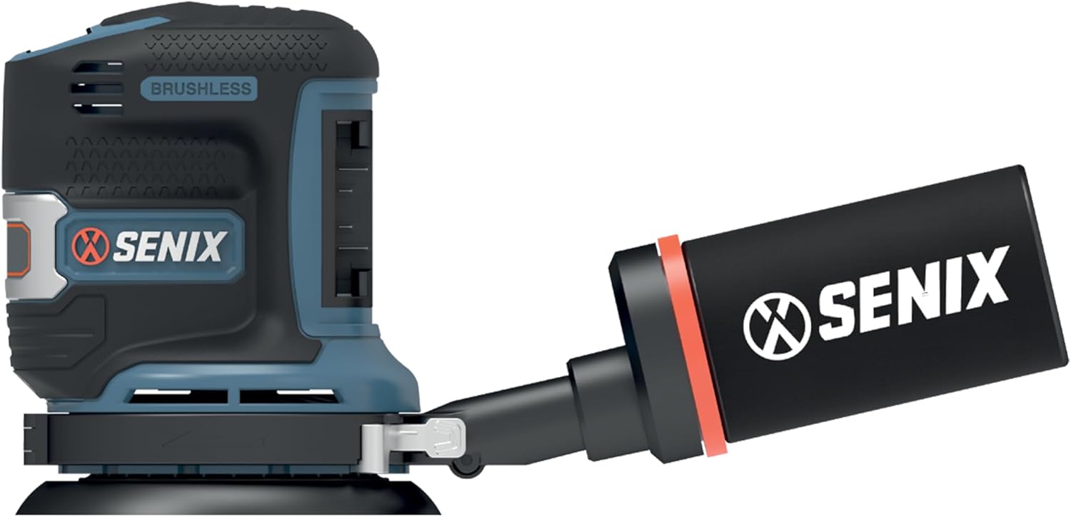SENIX 20V Random Orbit Sander,5 Inch Power Palm Electric with 3 Speed Modes,Dust Collection Bag,3 Pcs Sandpaper Sheets for Woodworking w/Safety Glasses(Tool Only,No Battery)