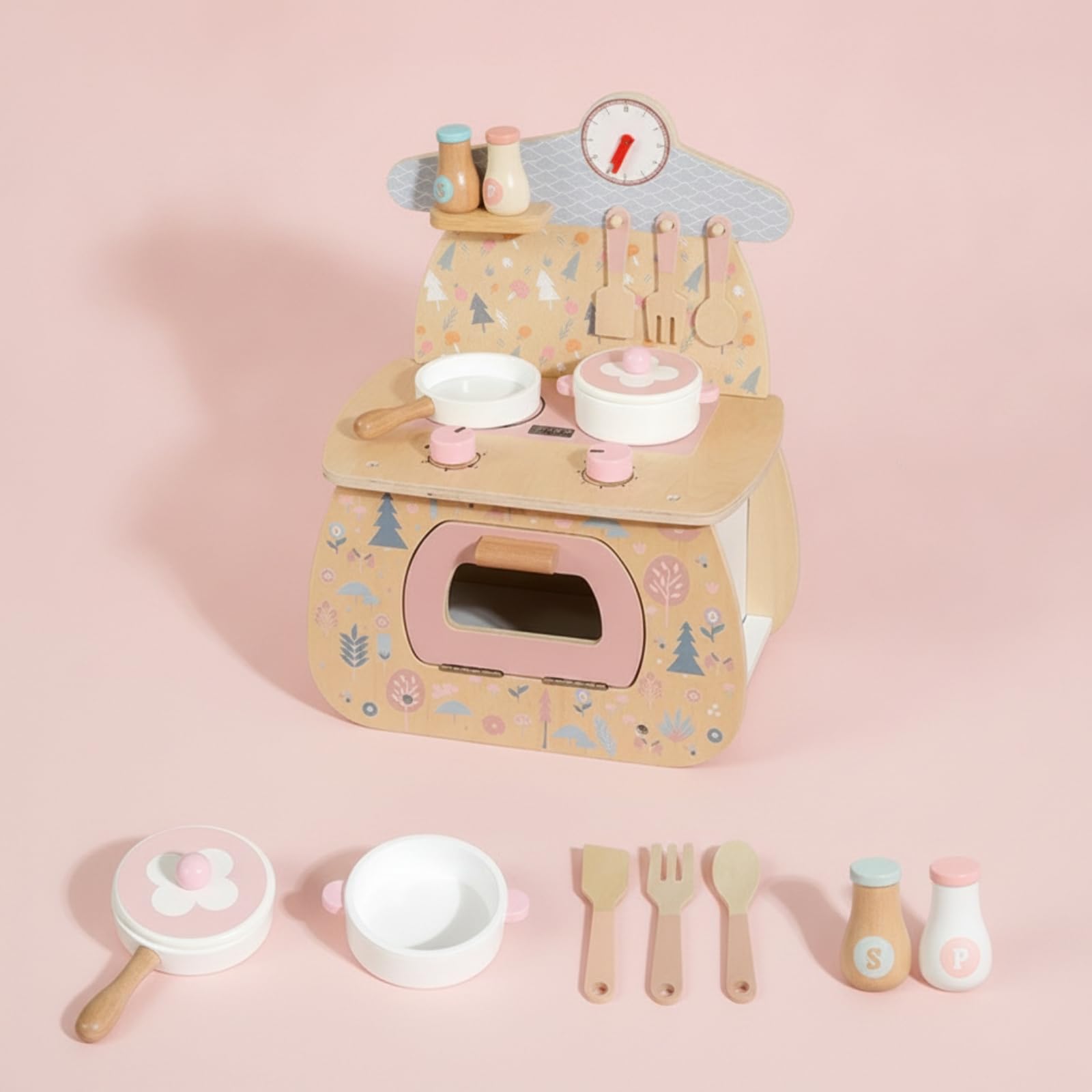Colcolo Kinderküche Holz Spielküche mit Herd Backofen Kochfeld Pfanne Topf Küchenzubehör mit Knöpfen Und Spritzschutz aus Holz für Kleinkinder Spielzimmer Tagespflege