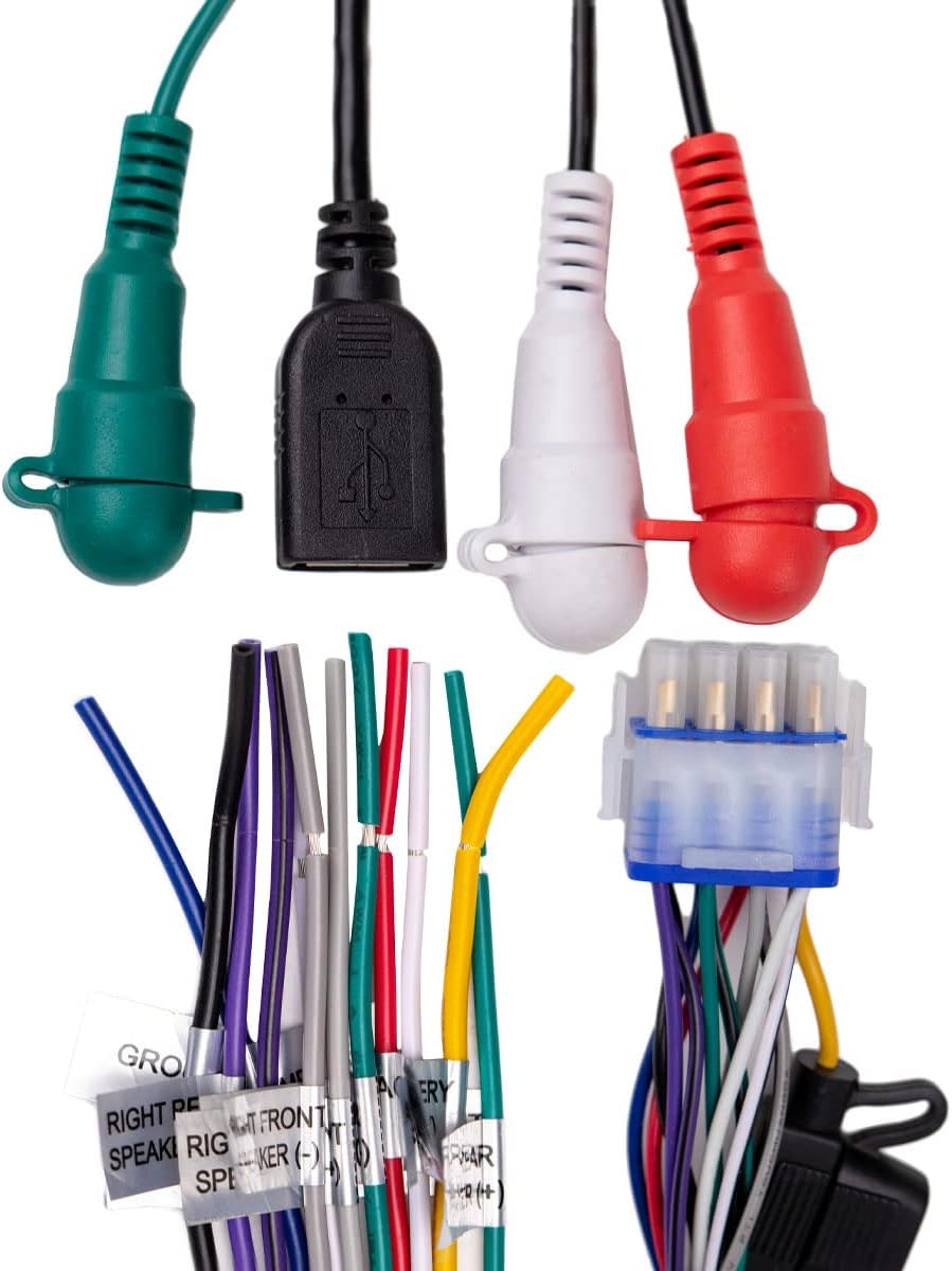 A close-up of various colored wires from the MB Quart audio system's wiring harness, with labels indicating their functions like 'RIGHT FRONT SPEAKER (+)' and 'LEFT FRONT SPEAKER (-)' for easy identification.