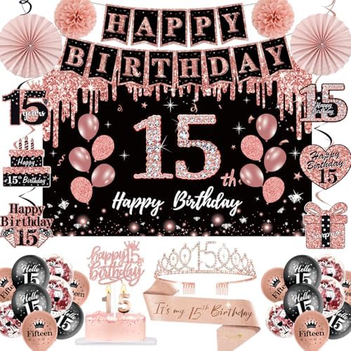15th Birthday Decorations for Girls,52Pcs PRE-STRUNG Rose Gold Bl...