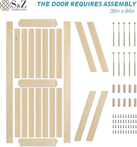 Miniatura 36 de S&Z TOPHAND 48" x 80", Puerta estilo granero British Brace de madera nudosa, sin terminar, con kit de herrajes para puerta corredera de 8', madera
