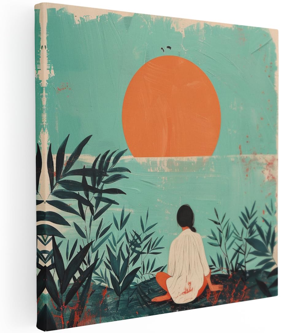 Artaza Leinwand Bilder Sonnenuntergang Meer - 40x40 cm - Klein - Wanddeko Wohnzimmer - Wandbilder Frau am Meer - Deko Schlafzimmer