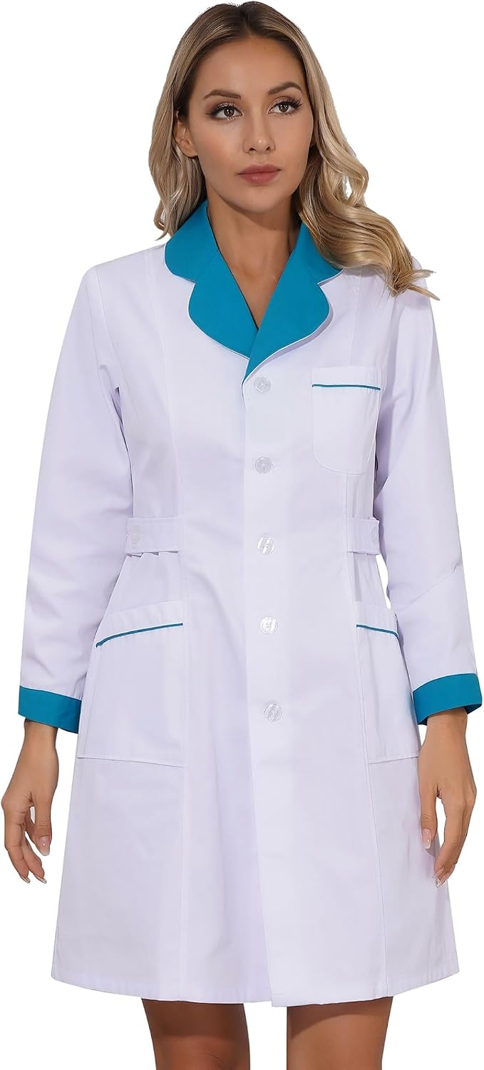 Women's Lab Coat Long Sleeve Professional Coat Notch Lapel Big Pockets Uniform Green Curved Lapel Small