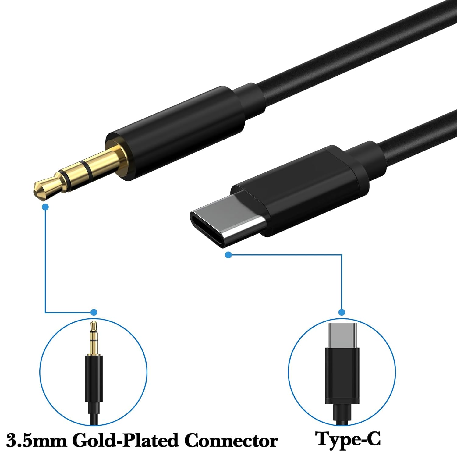 jarak dekat view of the 3.5mm gold-plated connector and the USB-C connector of the audio cable.