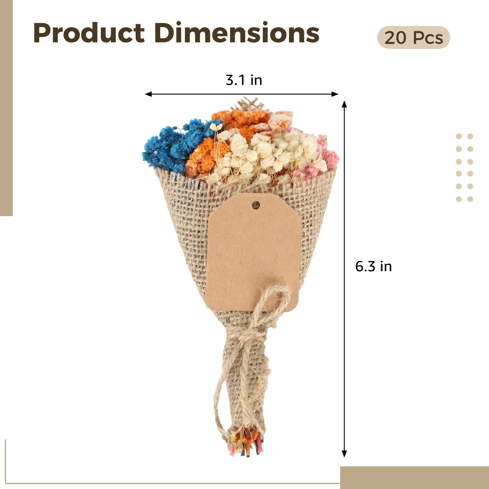 20 Stück Mini Gypsophila Trockenblumenstrauß-Set, bunt in Jute gewickelt mit Thank-You-Tags, als Gastgeschenke für Hochzeit und Party, Größe 6,3 x 3,1 Zoll
