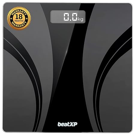 beatXP Actifit Breeze Digital Weighing Scale with Backlit LCD Panel (Black), Electronic Weight Machine for Body Weight with 6 mm Thick Tempered Glass (18 Month Warranty)