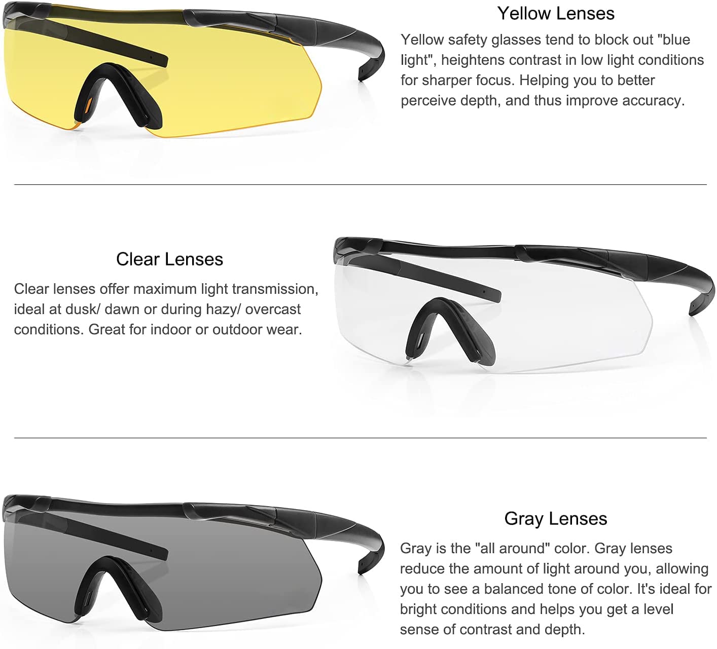 Feyachi Lunettes de sécurité, lunettes de tir tactiques avec 3 verres interchangeables, lunettes de soleil de sécurité, lunettes de cyclisme transparentes, résistantes aux chocs pour le travail, la