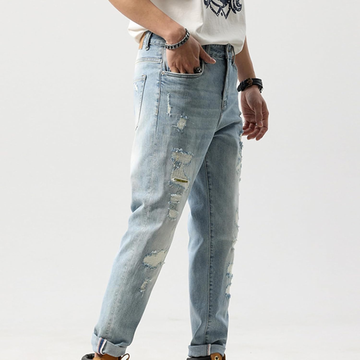 [lsjdln] ブルージーンズ ストレッチ スリムテーパード ジーンズ デニム メンズ ダメージ加工 おしゃれ デニムパンツ スリ