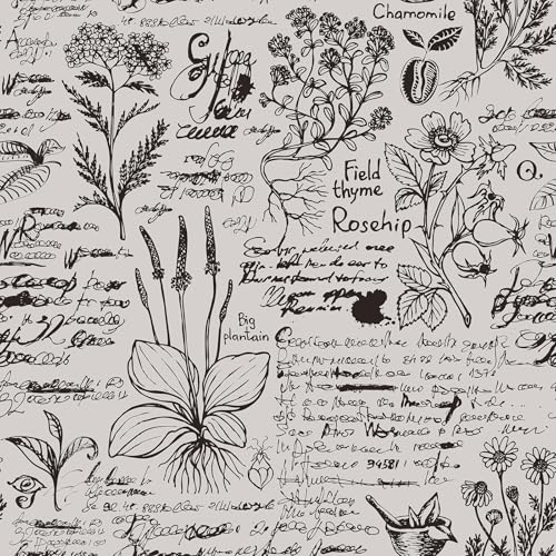 VaryPaper Kräuter Botanische Tapete Blumentapete Vintage Klebefolie Muster 44.5cmx200cm Möbelfolie Hell Grau Matt Fototapete Wohnzimmer Badezimmer Wasserfest Folie für Möbel Kommode Schrankfolie