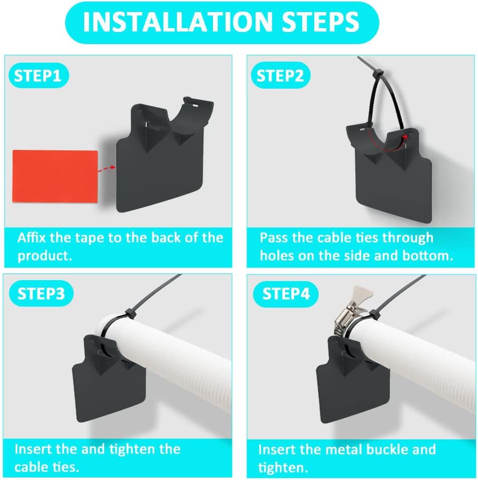 2pcs Swimming Pool Pipe Holders, with 2 Ties& 2 Adhesive Tape& 4 Pipe Clamp, Pool Hose Support Bracket, for 1.18-1.49 inches Dia Pipes, for Above Ground Pool-Hoses, Preventing Pipes Sagging Accessory