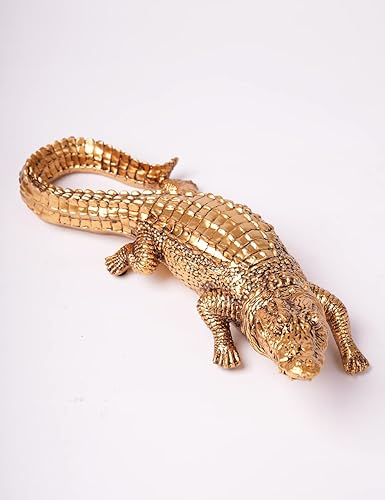 Miniatura 8 de HAUCOZE Estatua de escultura de cocodrilo, estatua de animal, decoración geométrica, poliresina, oro, 14 pulgadas