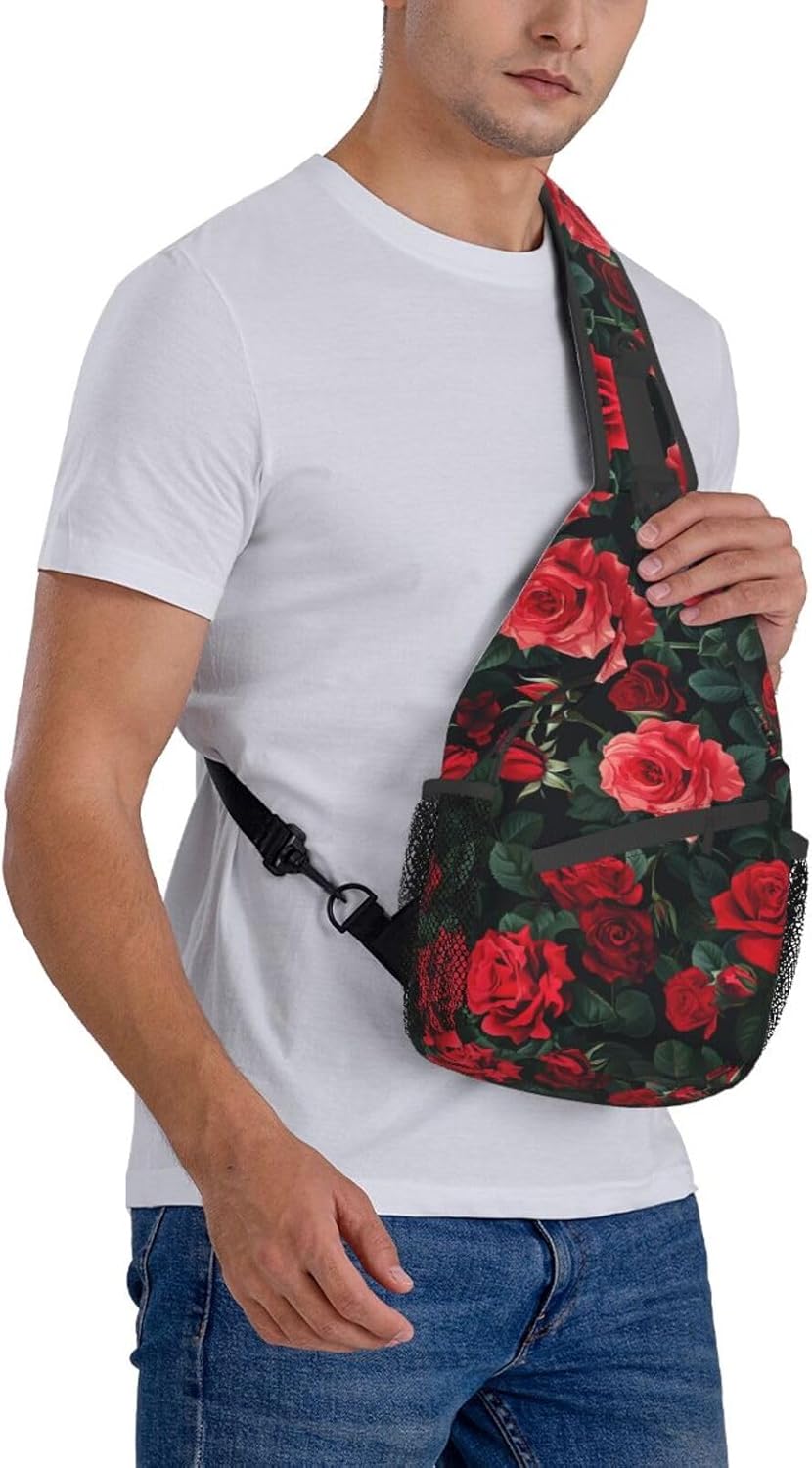 Rose Pattern Of Red Sling Backpack Hiking Backpack Crossbody Bag Sports Lightweight And waterproof Chest Bag Shoulder Bag For Women Men - Image 8