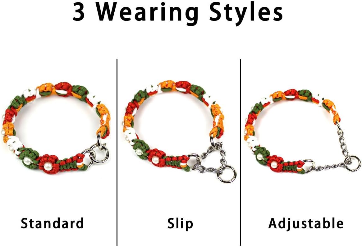 Cute Handmade Paracord Dog Collar Necklace – Unique Hand-Braided Festival Bloom Tone Multi-Color Flower Design Pet Accessory for Medium Large Dogs Fit 16-20" Neck Size L