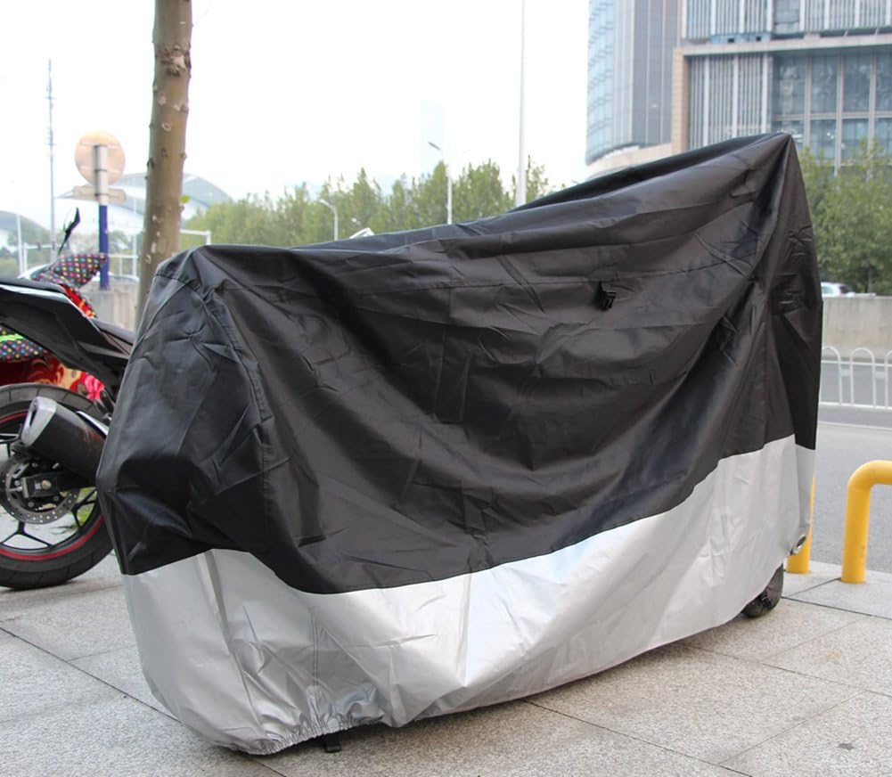 210D Motorcycle Cover Oxford Fabric All Whether Waterproof UV Protective Breathable Full Size Motorcycle Cover, Black Silver (For 86" to 94" length motorcycle)