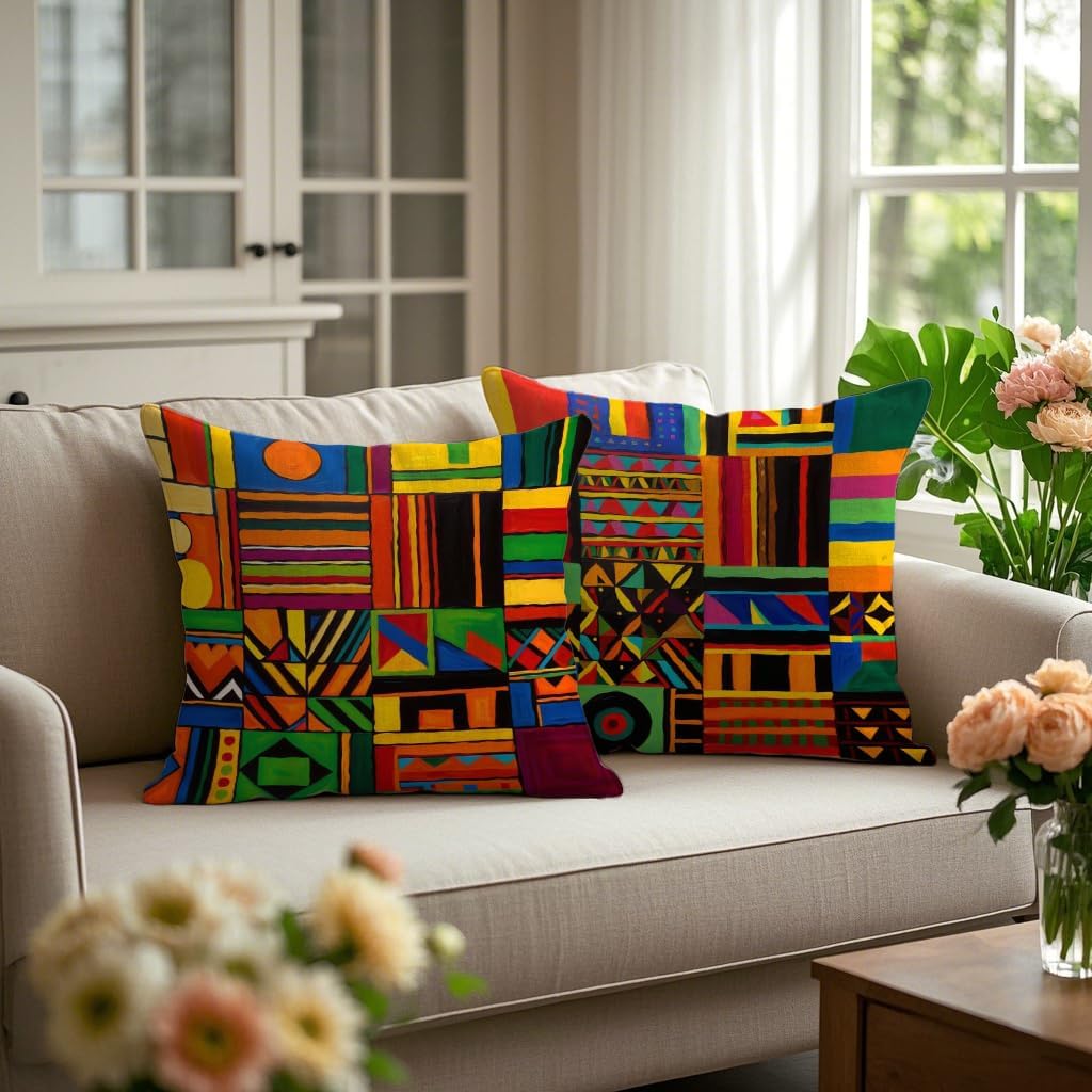 Colorful Geometric Throw Pillow Covers Set of 2 Double-Sided Linen Cushion Covers, 18x18 Inch, Boho Tribal Home Decor, Decorative Pillowcases for Sofa, Couch, Bedroom, Living Room