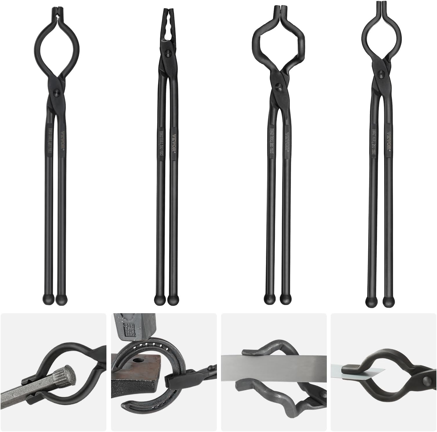 VEVOR Blacksmith Tongs, 4 PCS: V-Bit Bolt, Wolf Jaw, Z V-Bit & Gripping - A3 Carbon Steel, 18' for Blacksmiths & Bladesmiths