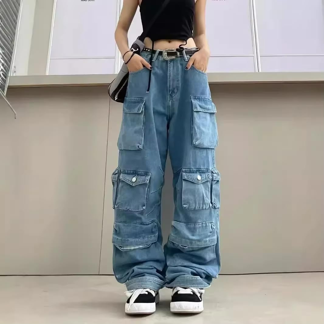 Women's Denim Cargo Long Pants Wide Leg High Waist Button Pocket Straight Trouser for Women