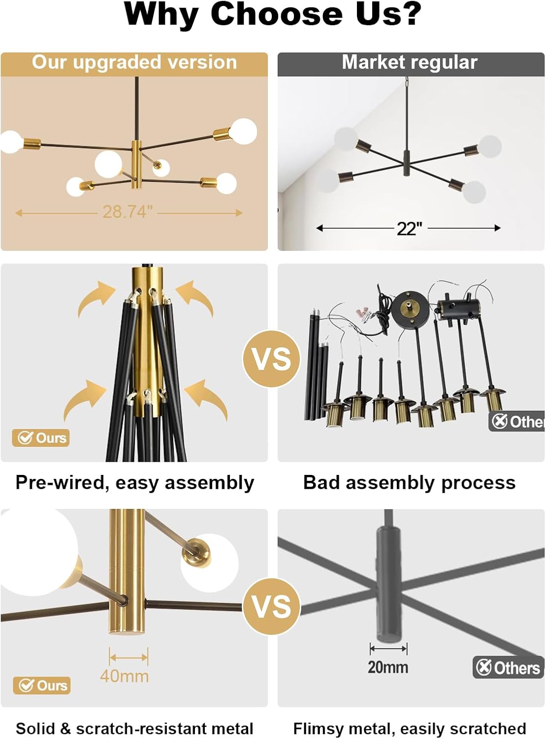 Goeco 28.7 Inch Modern Sputnik Chandelier, 6-Light Height Adjustable Gold and Black Farmhouse Chandelier Over Table for Dining Room, Kitchen Island, Living Room