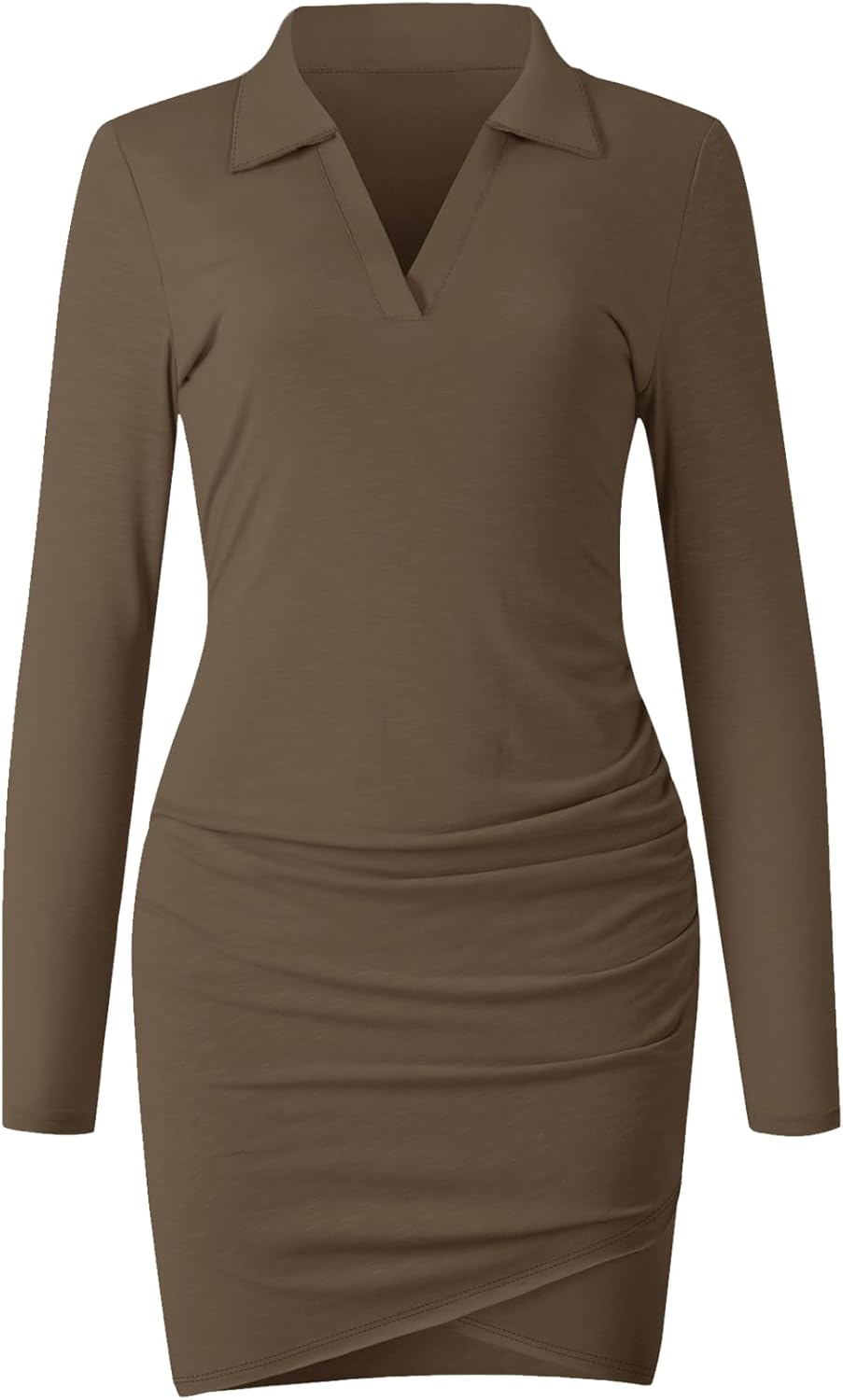 AUXDIO Women Bodycon Long Sleeve Dresses Casual V Neck Ruched Wrap 2026 Spring Fall Party Club Mini Dress - Image 5
