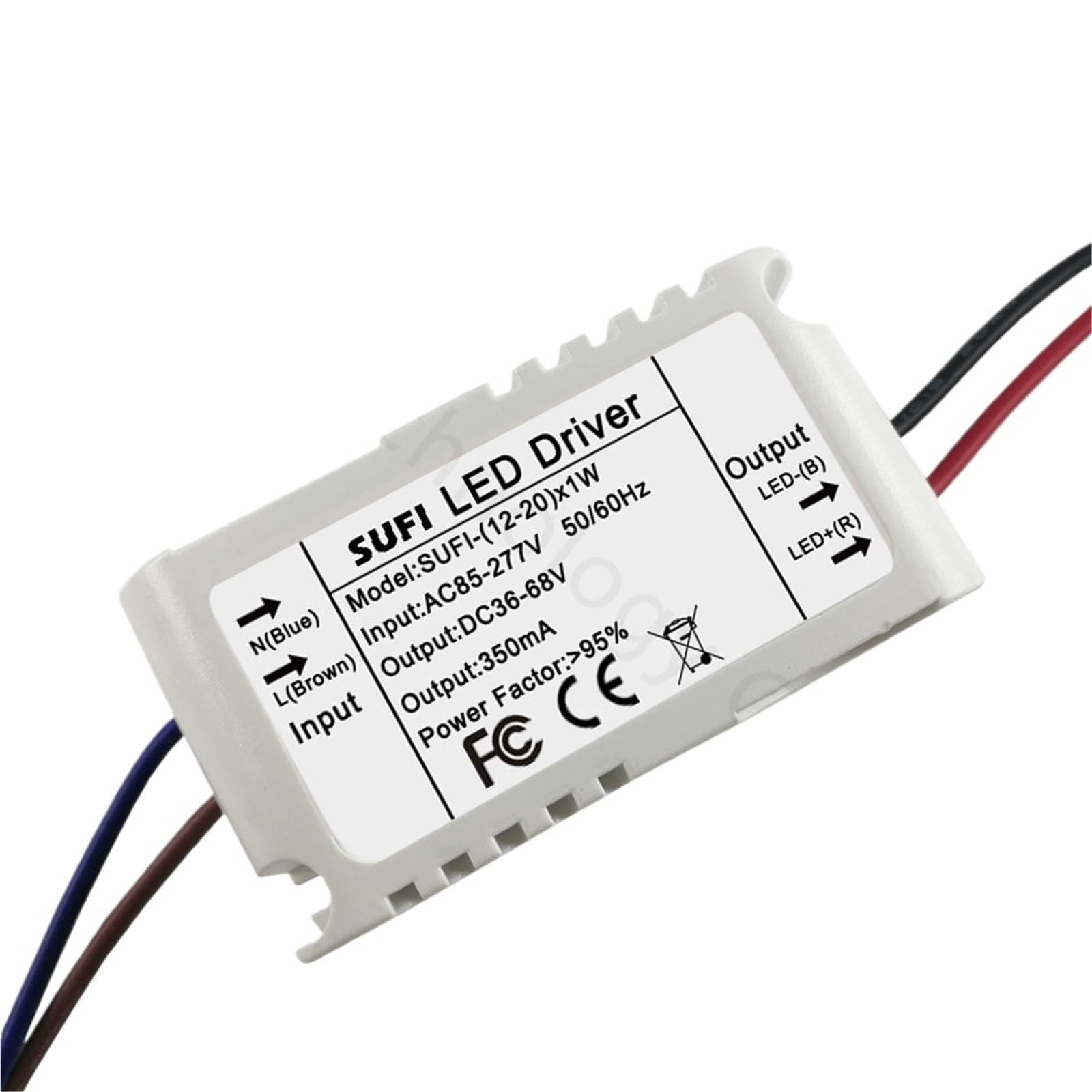 Controlador LED de 20 W, 350 mA, CA 85-277 V a CC 36-68 V, adaptador de caja de plástico, transformador de iluminación, interruptor for tira de LED, bombilla de techo.(5 Pieces)